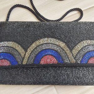 Walborg NWOT Black Beaded Flap Front Crossbody Shoulder Clutch Handbag. Size 6x9